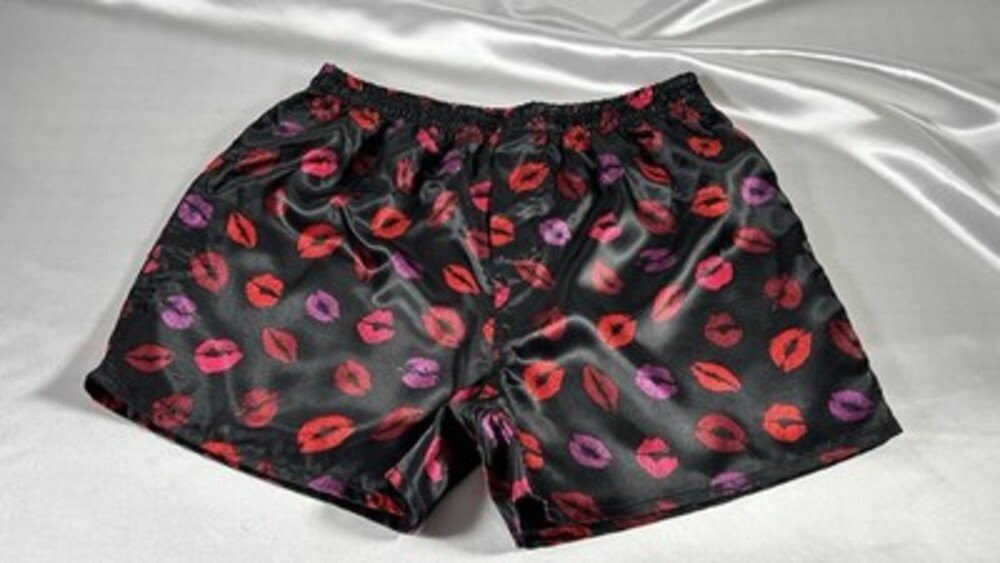 Rare Y2K MAX DECO SHINY GLANZ SATIN BOXERS LIPS AND KISSES SIZE L WITH FLY